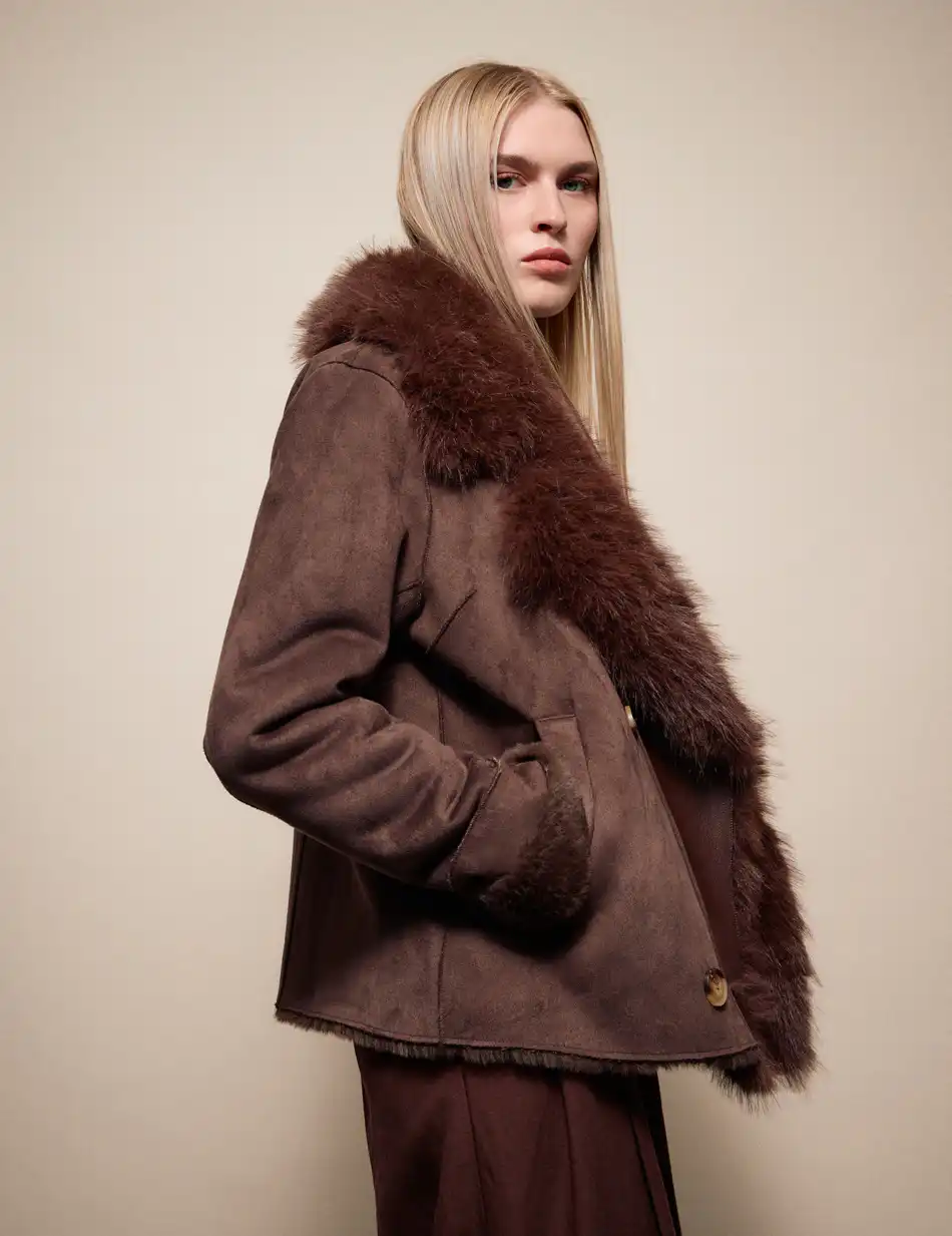 Splendid Γυναικείο κοντό πανωφόρι καστόρ και συνθετική γούνα 54-101-070 BROWN