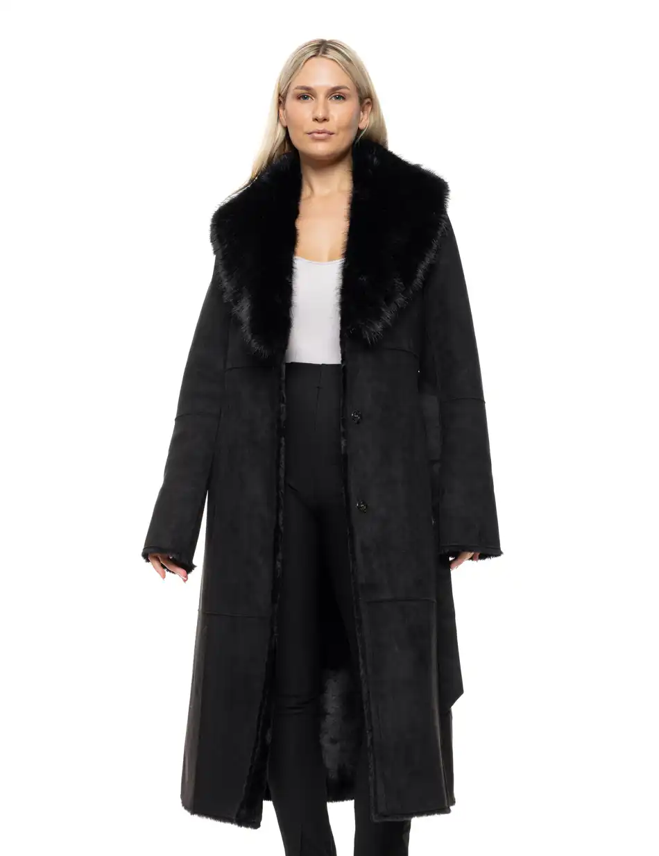 Biston Γυναικείο μακρύ παλτό καστόρ και συνθετική γούνα 54-101-071 BLACK