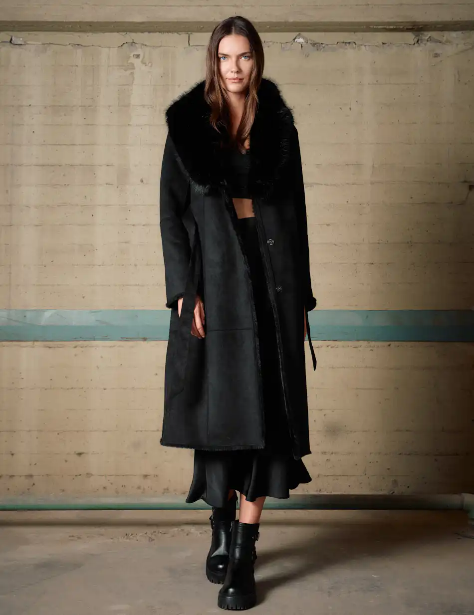 Biston Γυναικείο μακρύ παλτό καστόρ και συνθετική γούνα 54-101-071 BLACK