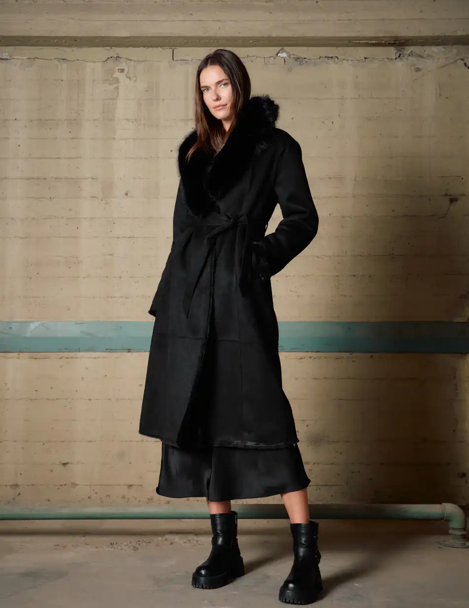 Biston Γυναικείο μακρύ παλτό καστόρ και συνθετική γούνα 54-101-071 BLACK