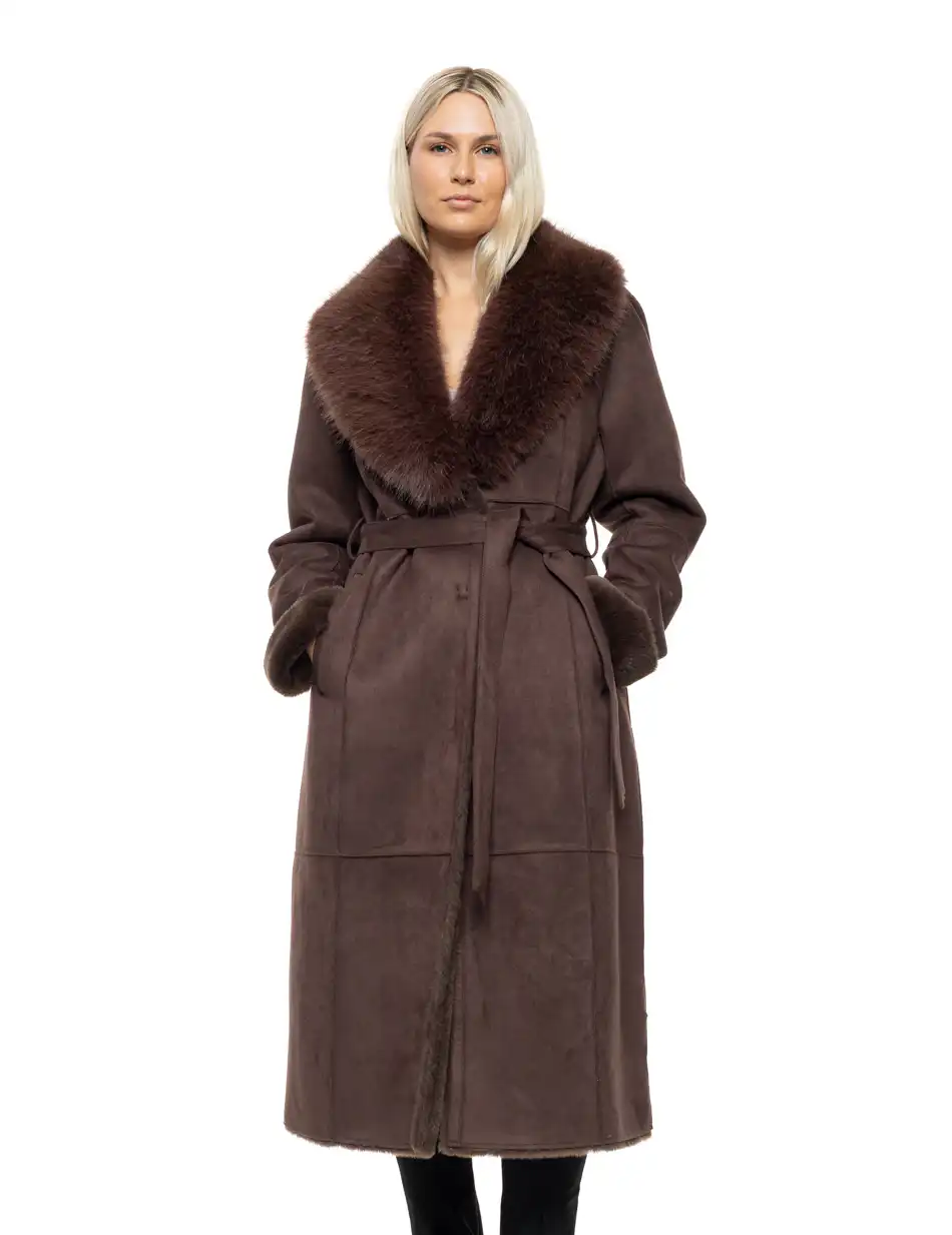 Biston Γυναικείο μακρύ παλτό καστόρ και συνθετική γούνα 54-101-071 BROWN