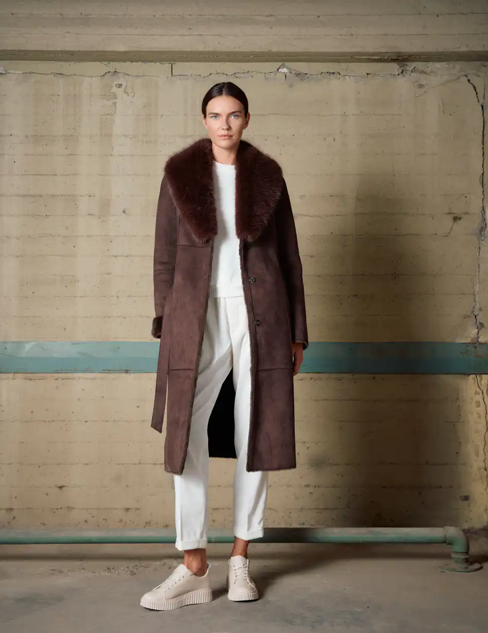 Biston Γυναικείο μακρύ παλτό καστόρ και συνθετική γούνα 54-101-071 BROWN