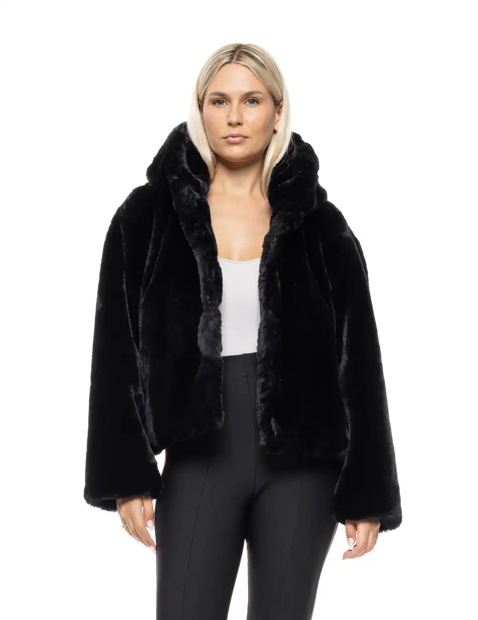 Biston Γυναικείο κοντό μπουφάν απο συνθετική γουνα 54-101-073 BLACK