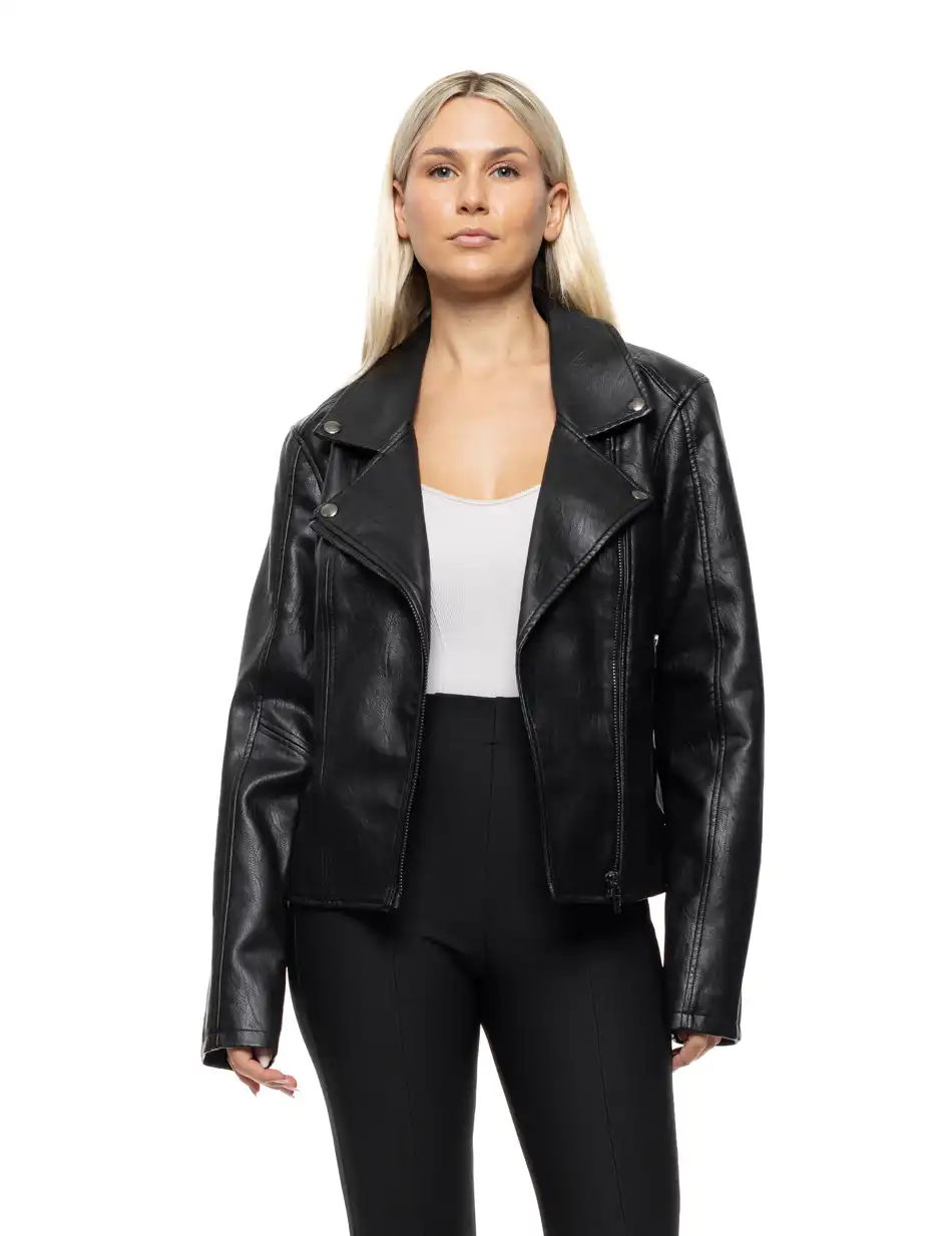 Biston Γυναικείο κοντό πανωφόρι από δερματίνη 54-101-080 BLACK