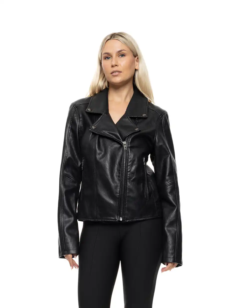 Biston Γυναικείο κοντό πανωφόρι από δερματίνη 54-101-080 BLACK