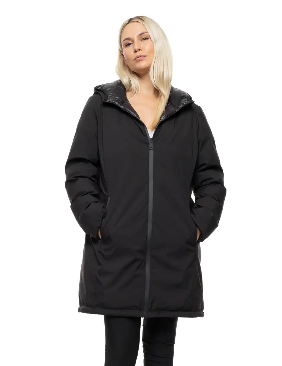 Splendid Γυναικείο μακρύ πανωφόρι 2 όψεων με κουκούλα 54-101-087 BLACK