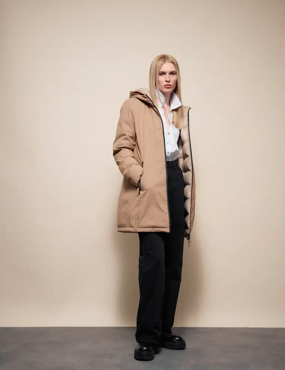 Splendid Γυναικείο μακρύ πανωφόρι 2 όψεων με κουκούλα 54-101-087 BEIGE