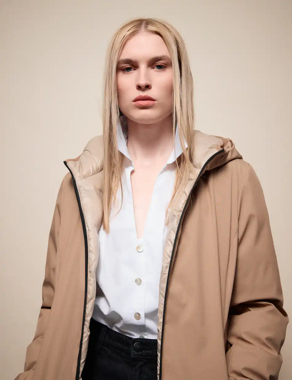 Splendid Γυναικείο μακρύ πανωφόρι 2 όψεων με κουκούλα 54-101-087 BEIGE