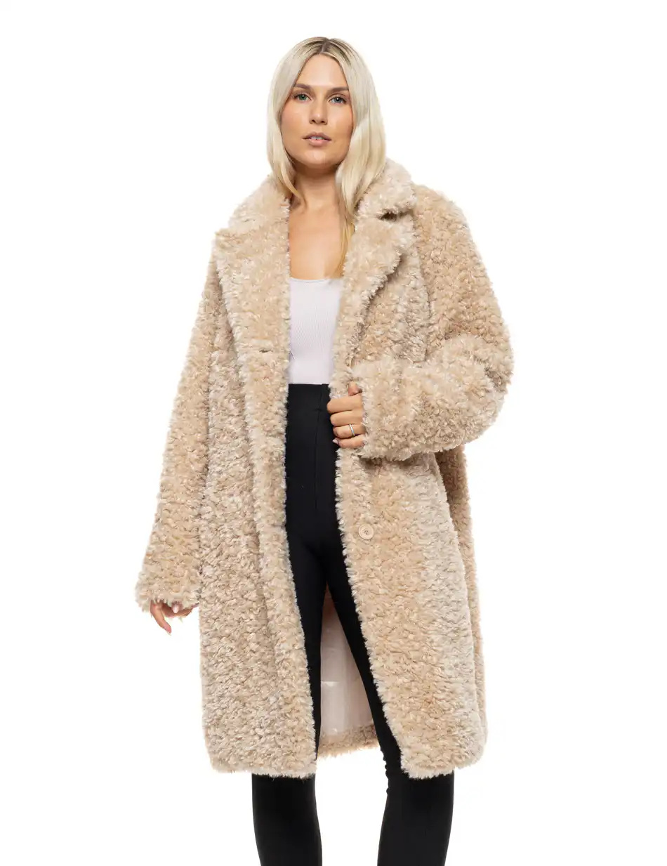 Splendid Γυναικείο μακρύ γούνινο πανωφόρι με γιακά 54-101-100 BEIGE