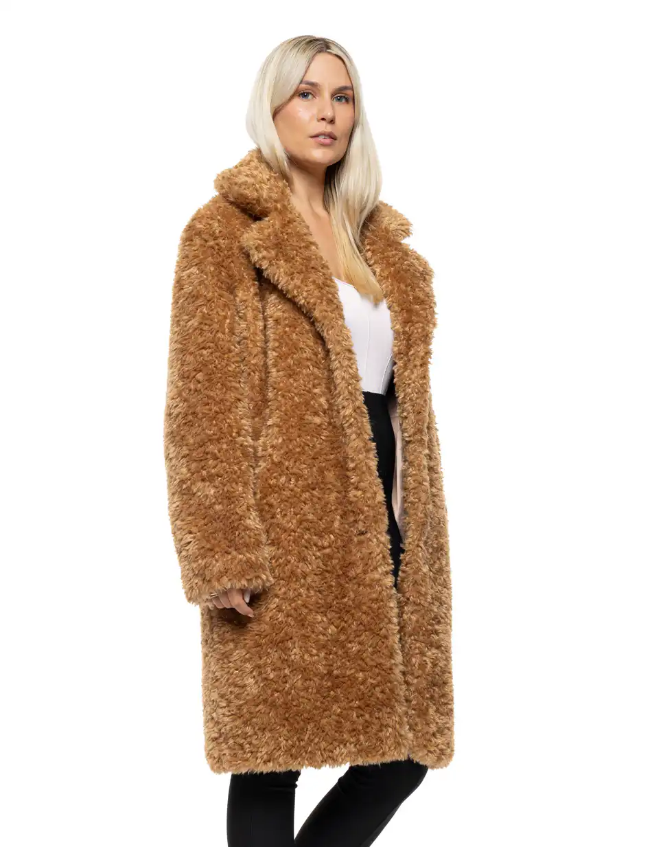 Splendid Γυναικείο μακρύ γούνινο πανωφόρι με γιακά 54-101-100 CAMEL