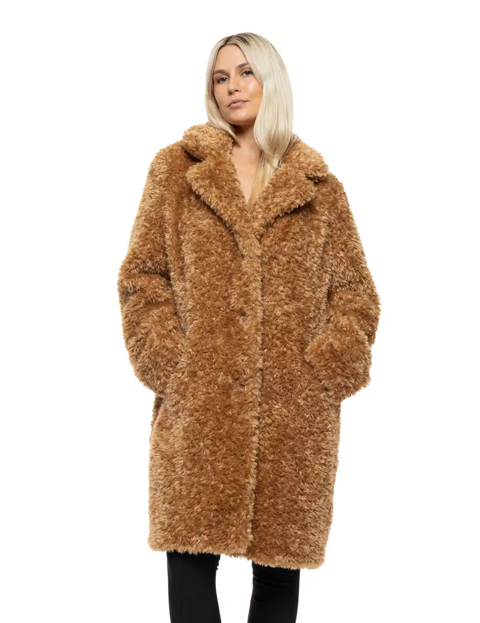 Splendid Γυναικείο μακρύ γούνινο πανωφόρι με γιακά 54-101-100 CAMEL