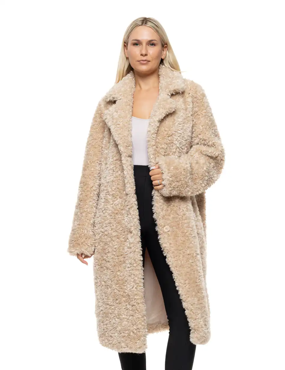 Biston Γυναικείο μακρύ γούνινο πανωφόρι με γιακά 54-101-101 BEIGE