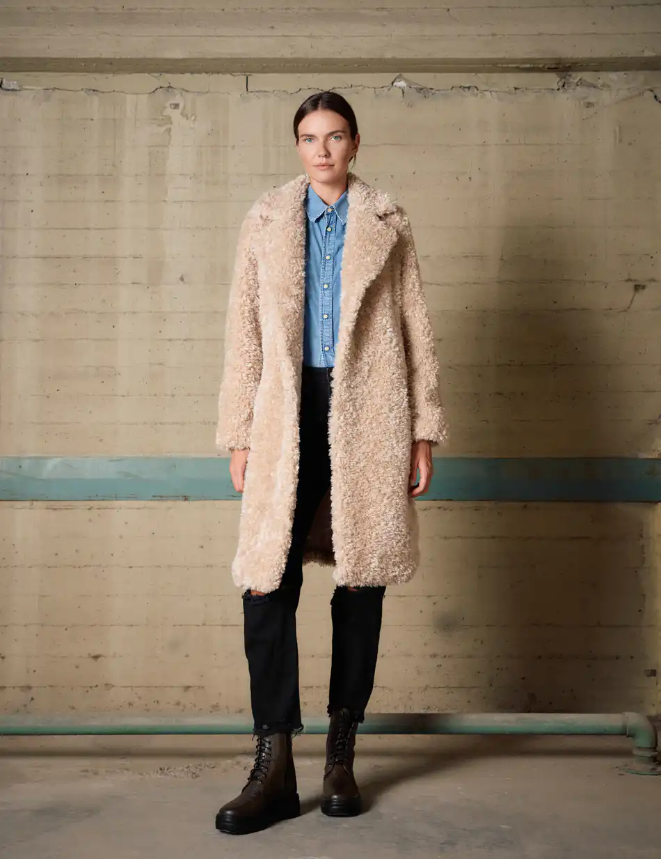 Biston Γυναικείο μακρύ γούνινο πανωφόρι με γιακά 54-101-101 BEIGE