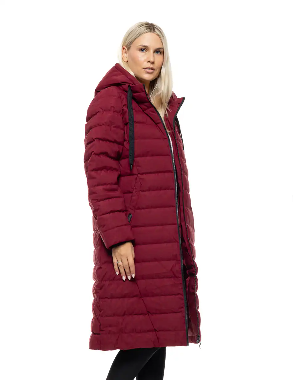 Βiston Γυναικείο μακρύ παλτό με κουκούλα 54-101-108 BORDEAUX