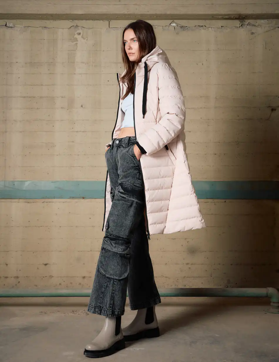 Βiston Γυναικείο μακρύ παλτό με κουκούλα 54-101-108 BEIGE