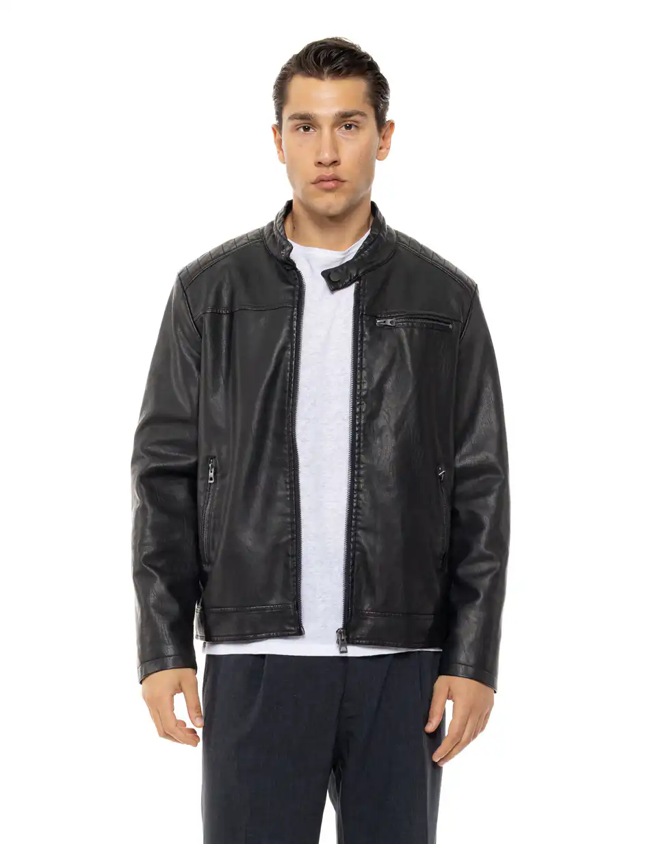 Biston Ανδρικό πανωφόρι από δερματίνη 54-201-007 BLACK