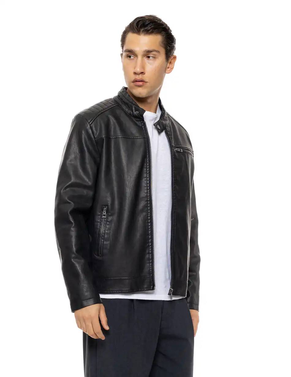 Biston Ανδρικό πανωφόρι από δερματίνη 54-201-007 BLACK