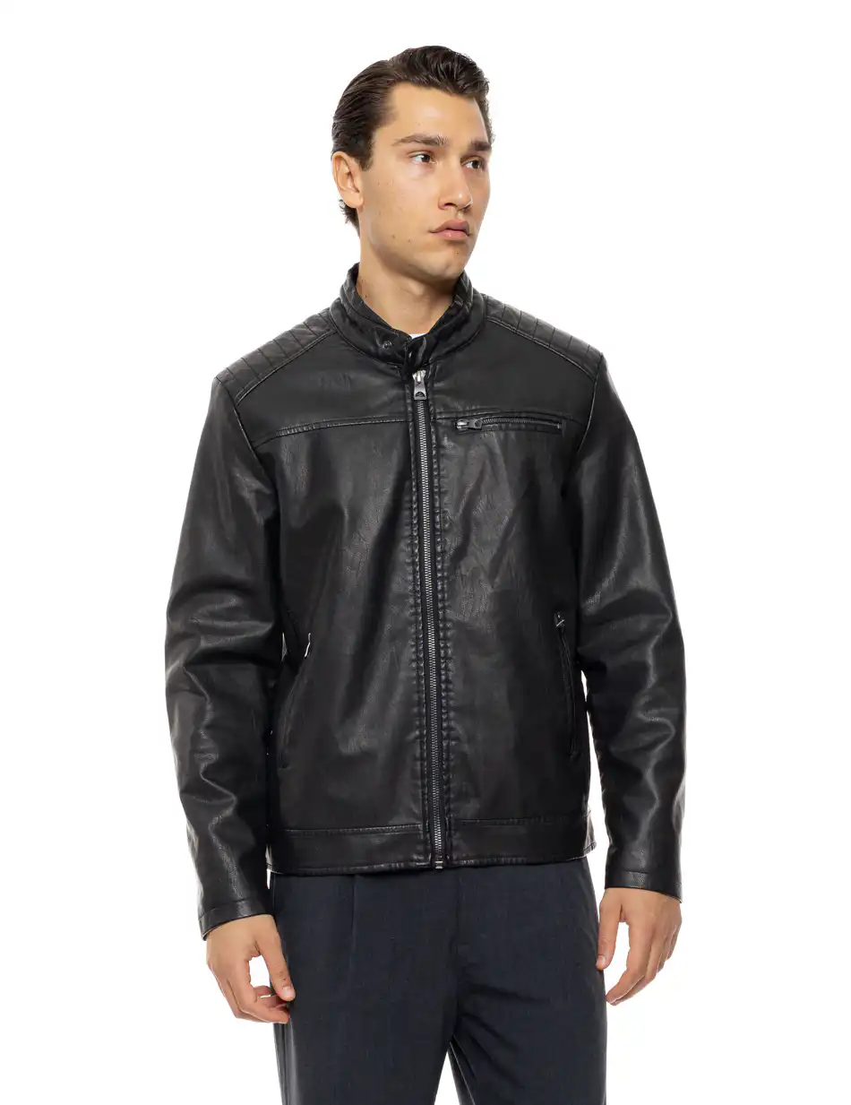 Biston Ανδρικό πανωφόρι από δερματίνη 54-201-007 BLACK