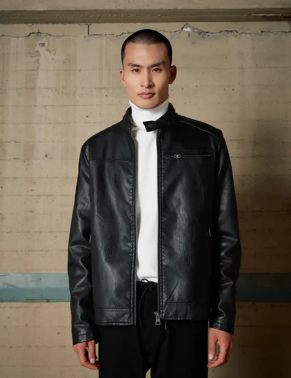 Biston Ανδρικό πανωφόρι από δερματίνη 54-201-007 BLACK