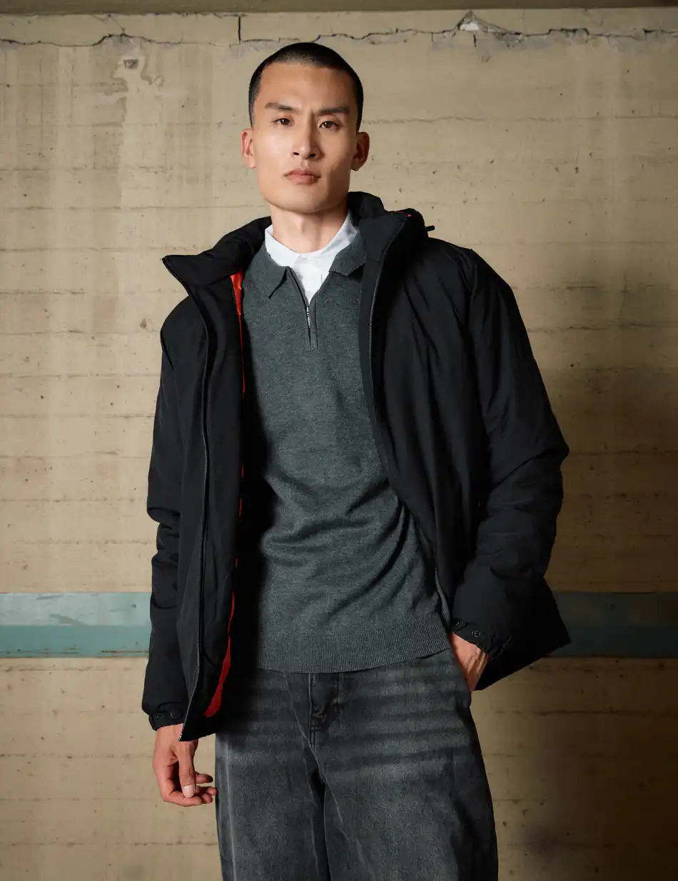 Biston Ανδρικό κοντό πανωφόρι με κουκούλα 54-201-034 BLACK