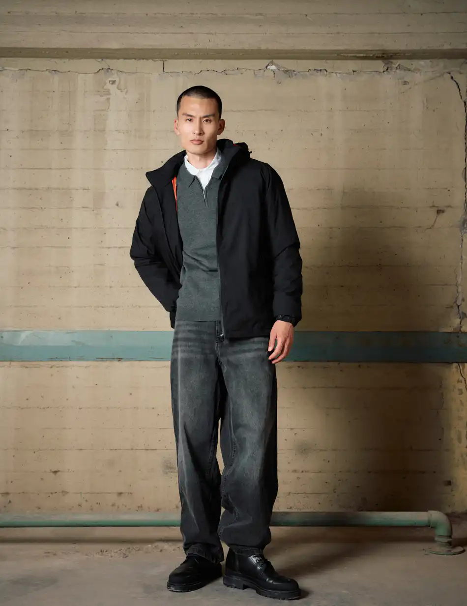 Biston Ανδρικό κοντό πανωφόρι με κουκούλα 54-201-034 BLACK