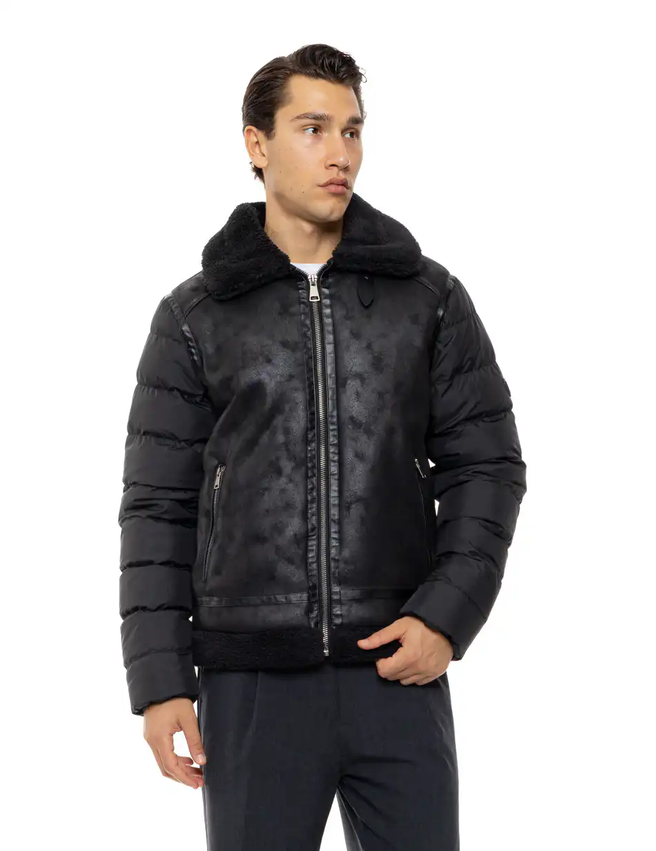 Biston Ανδρικό κοντό μπουφάν με γιακά και γούνα εσωτερικά 54-201-048 BLACK