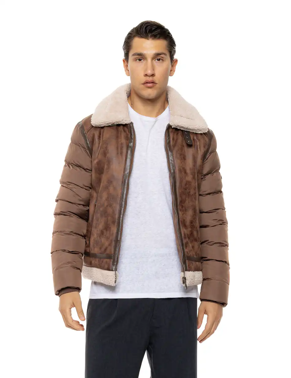Biston Ανδρικό κοντό μπουφάν με γιακά και γούνα εσωτερικά 54-201-048 BROWN