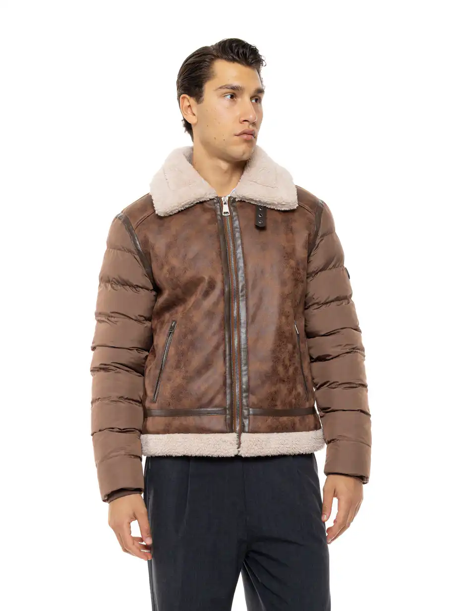 Biston Ανδρικό κοντό μπουφάν με γιακά και γούνα εσωτερικά 54-201-048 BROWN