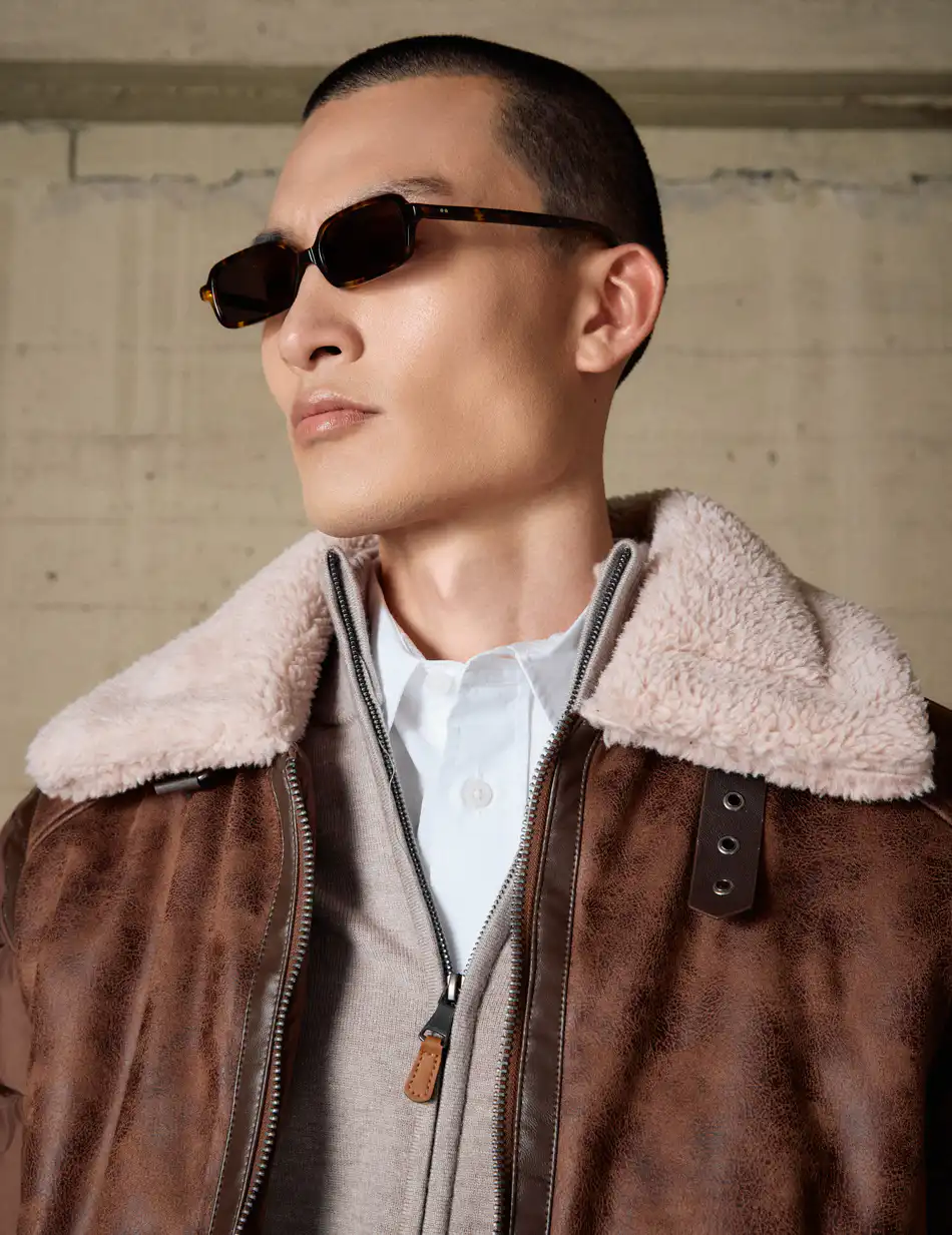 Biston Ανδρικό κοντό μπουφάν με γιακά και γούνα εσωτερικά 54-201-048 BROWN