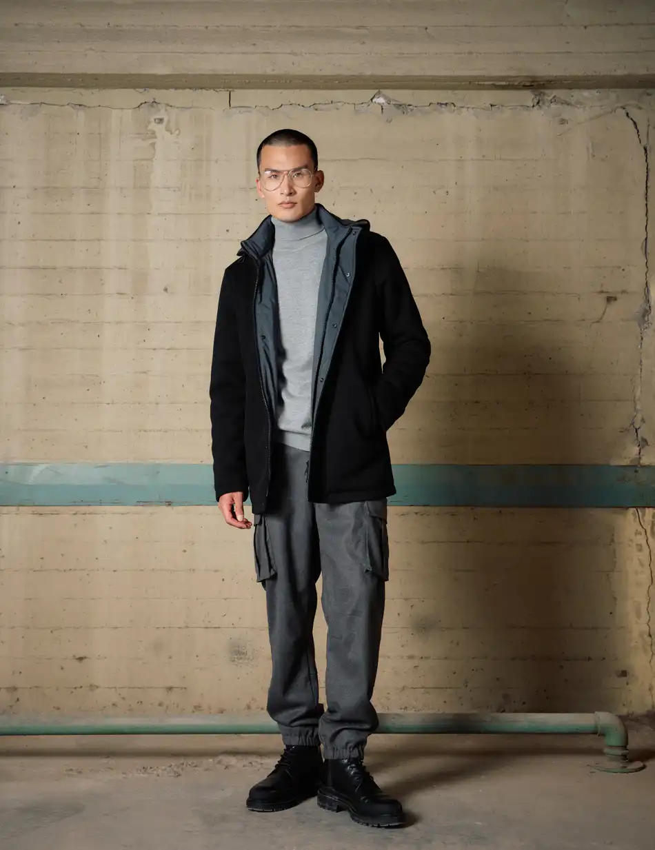 Biston Ανδρικό demi πανωφόρι με κουκούλα 54-201-099 BLACK