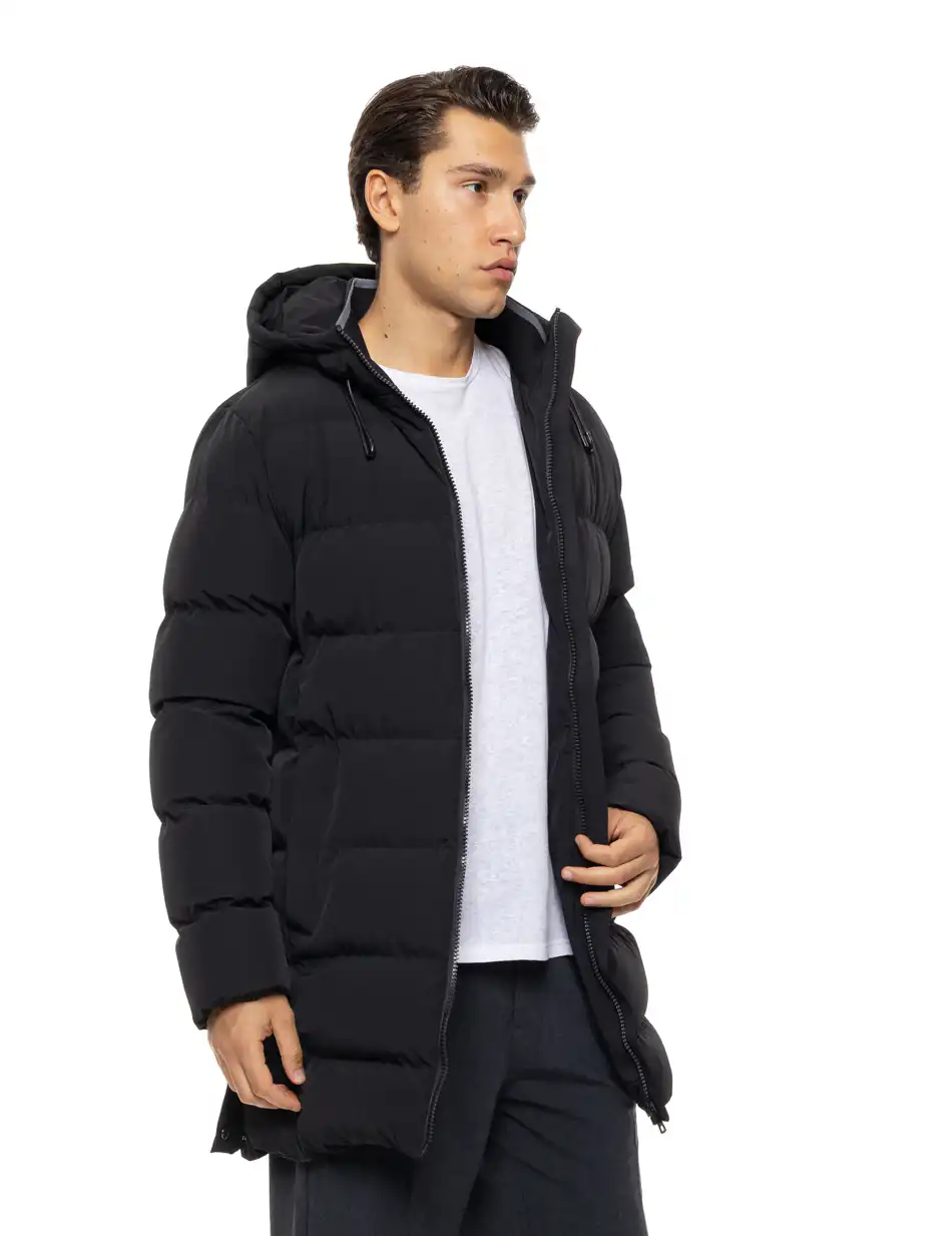 Biston Ανδρικό μακρύ μπουφάν με ενσωματωμένη κουκούλα 54-201-100 BLACK