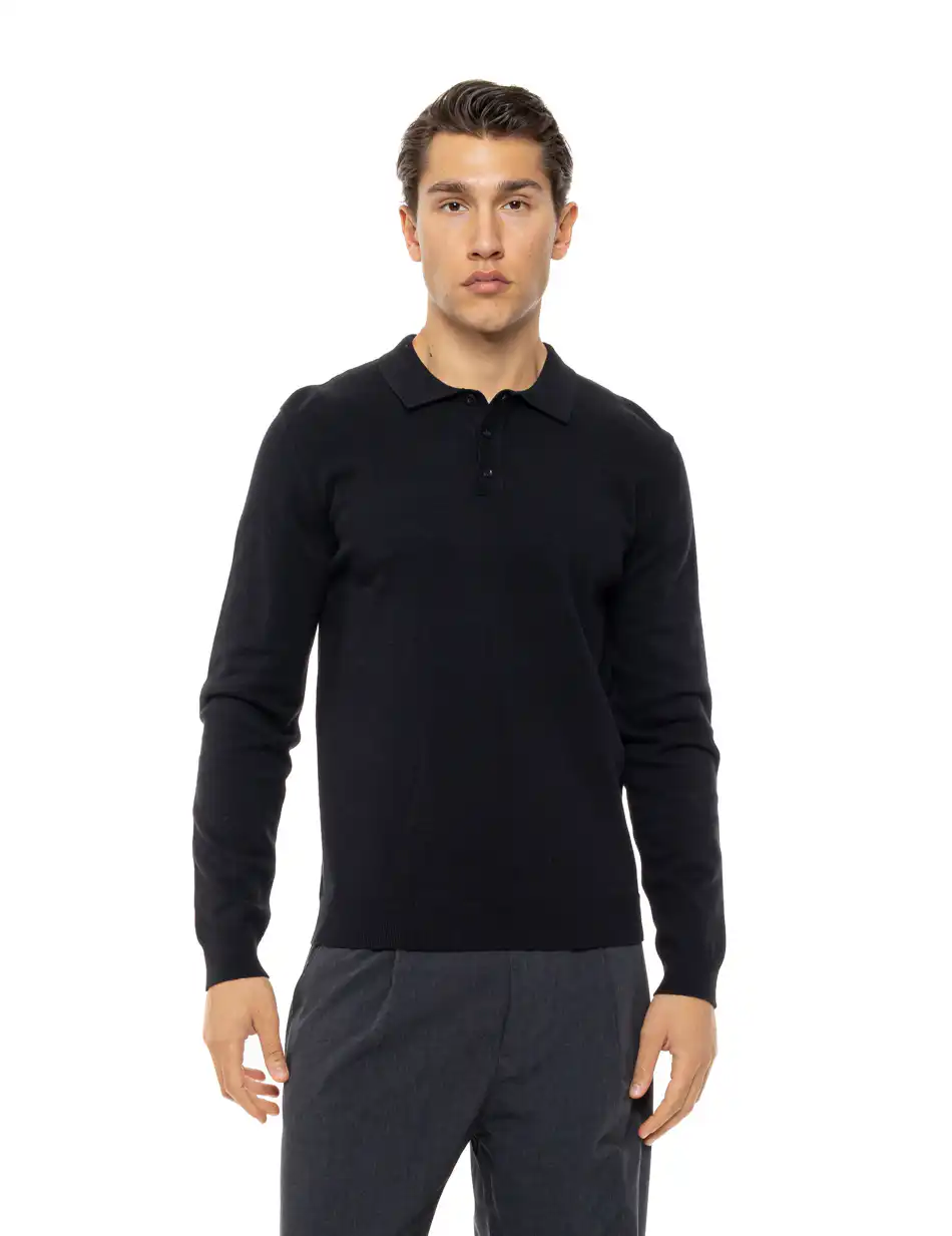 Biston Ανδρική πλεκτή μπλούζα με γιακά και κουμπιά 54-206-009 BLACK