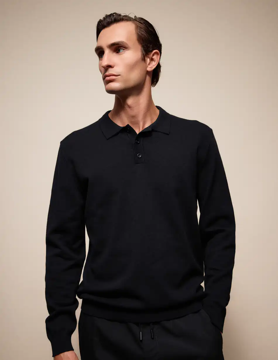 Biston Ανδρική πλεκτή μπλούζα με γιακά και κουμπιά 54-206-009 BLACK