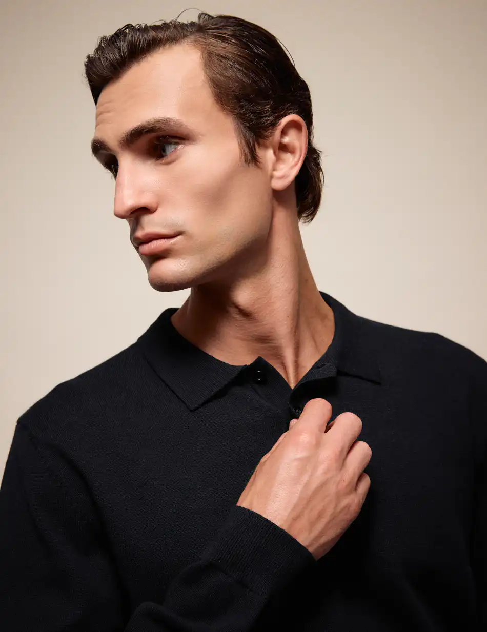 Biston Ανδρική πλεκτή μπλούζα με γιακά και κουμπιά 54-206-009 BLACK