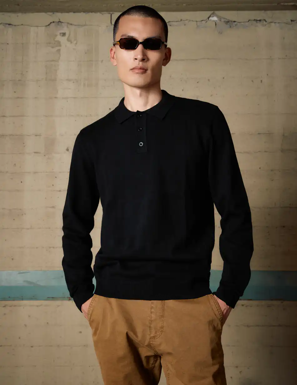 Biston Ανδρική πλεκτή μπλούζα με γιακά και κουμπιά 54-206-009 BLACK