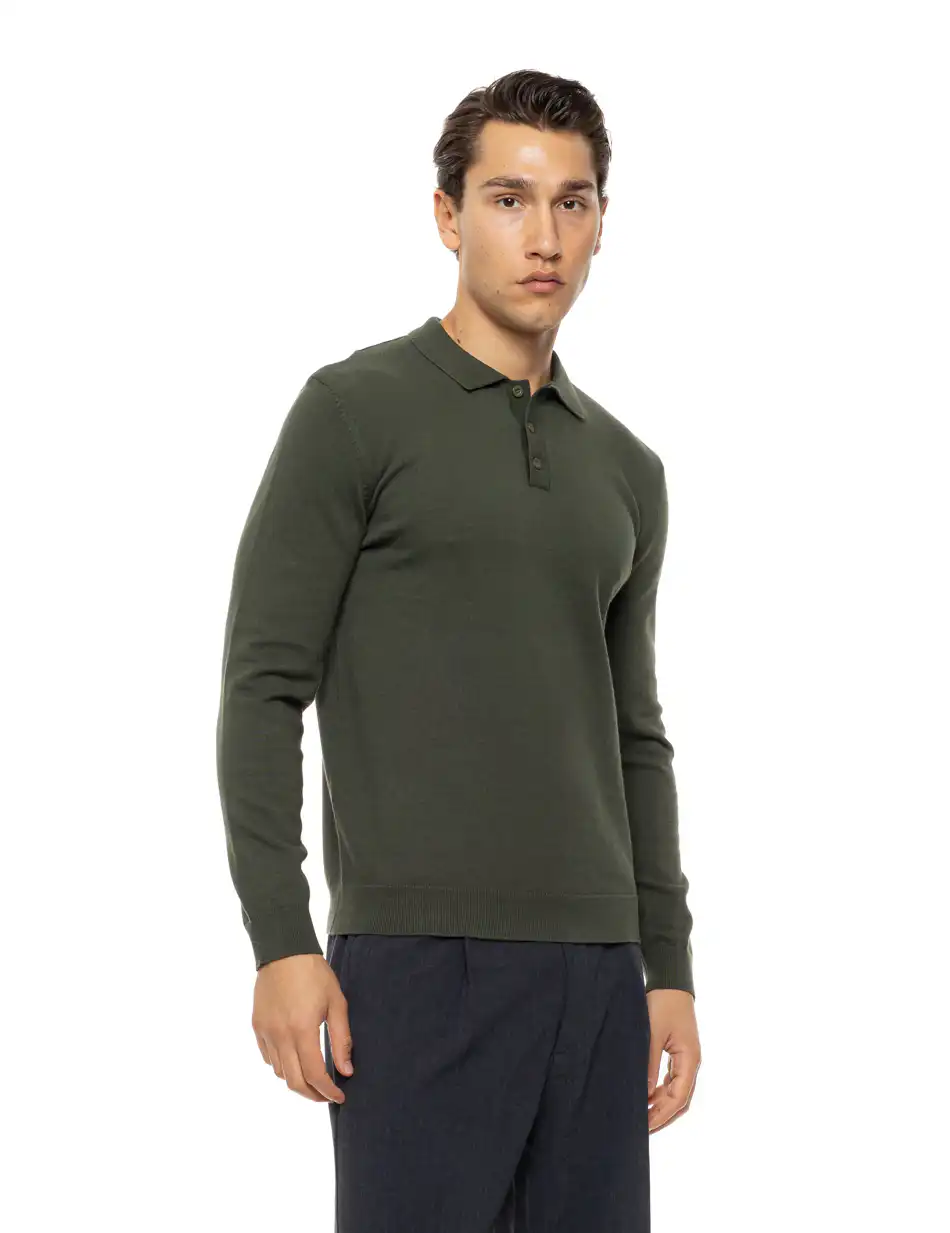 Biston Ανδρική πλεκτή μπλούζα με γιακά και κουμπιά 54-206-009 DK GREEN