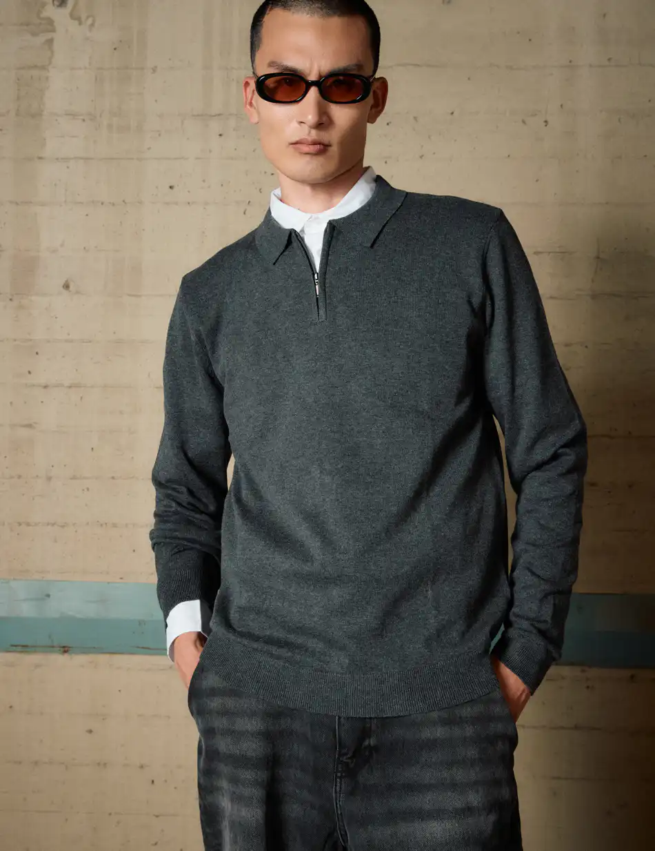 Biston Ανδρική πλεκτή μπλούζα με γιακά και φερμουάρ 54-206-012 DK GREY