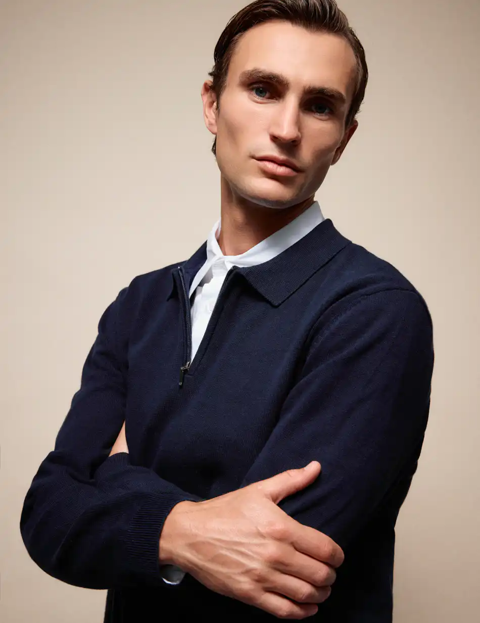 Biston Ανδρική πλεκτή μπλούζα με γιακά και φερμουάρ 54-206-012 NAVY