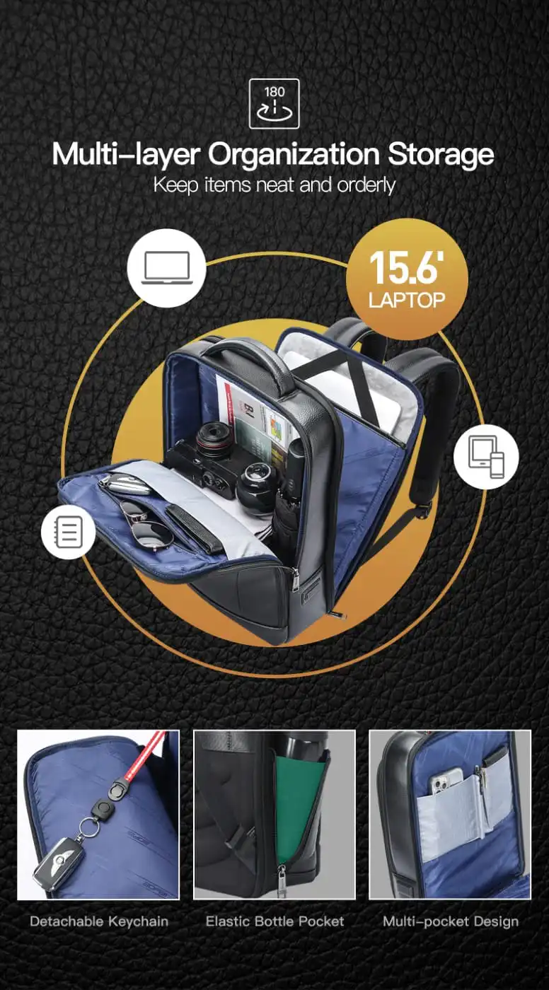 Δερμάτινο Σακίδιο πλάτης Αντικλεπτικό 24L Laptop 15,6” Bopai 61-120761 μαύρο