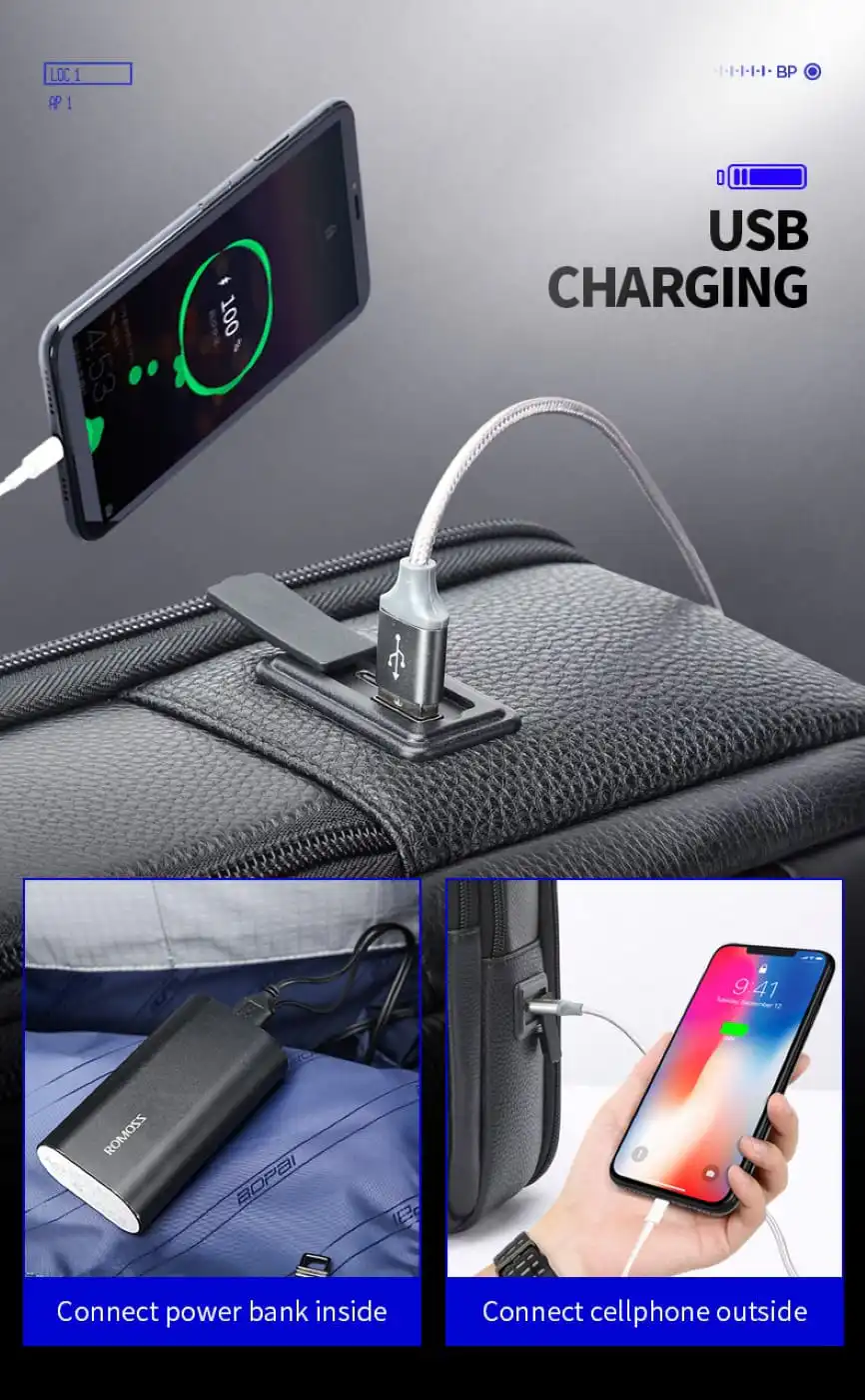 Δερμάτινο Σακίδιο πλάτης Αντικλεπτικό 24L Laptop 15,6” Bopai 61-121561 μαύρο