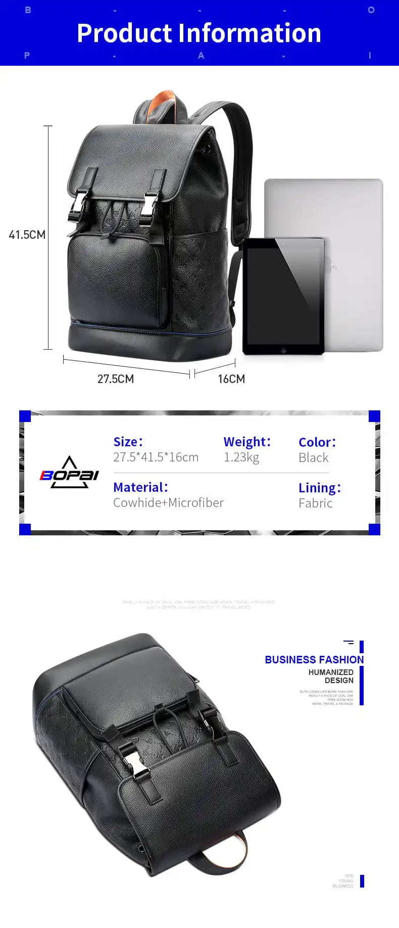 Σακίδιο πλάτης Δερμάτινο 20L Laptop 15,6” Bopai 61-128811 μαύρο