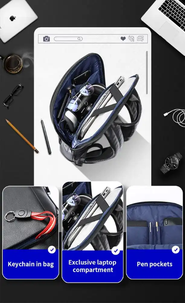 Δερμάτινο Σακίδιο πλάτης Αντικλεπτικό 21L Laptop 15,6” Bopai 61-52711 μαύρο