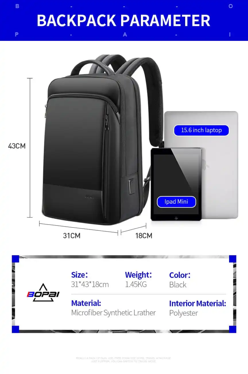 Σακίδιο πλάτης Αντικλεπτικό 24L Laptop 15,6” Bopai 61-53111 μαύρο