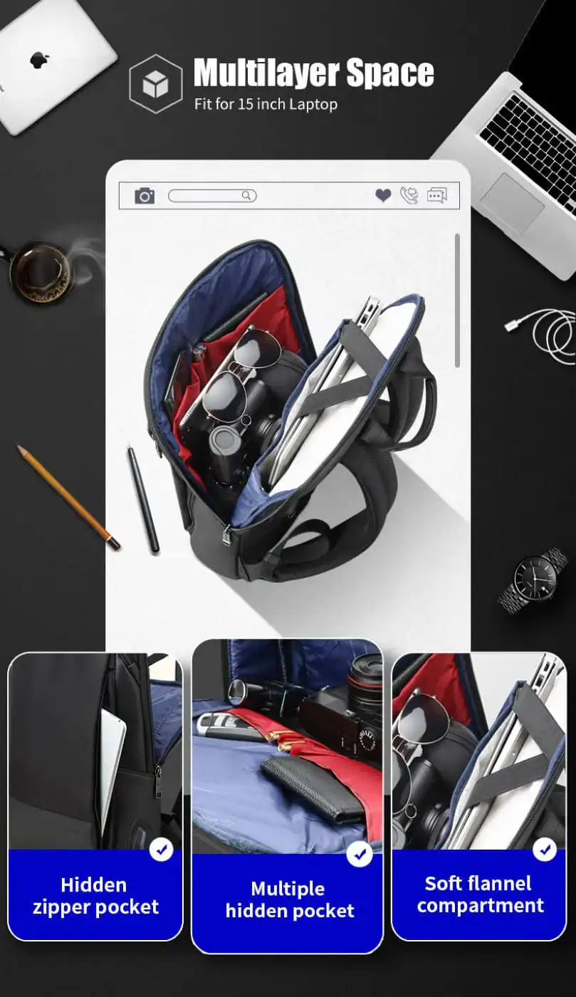 Σακίδιο πλάτης Αντικλεπτικό 16L Laptop 17” Bopai 61-85011 μαύρο