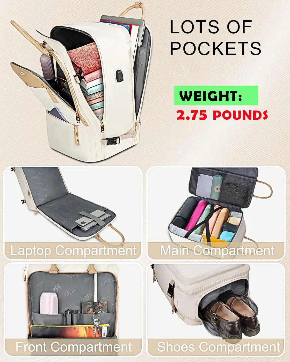 Σακίδιο πλάτης Travel Carry on 52L Laptop 17,3” Matein 6131 μπεζ