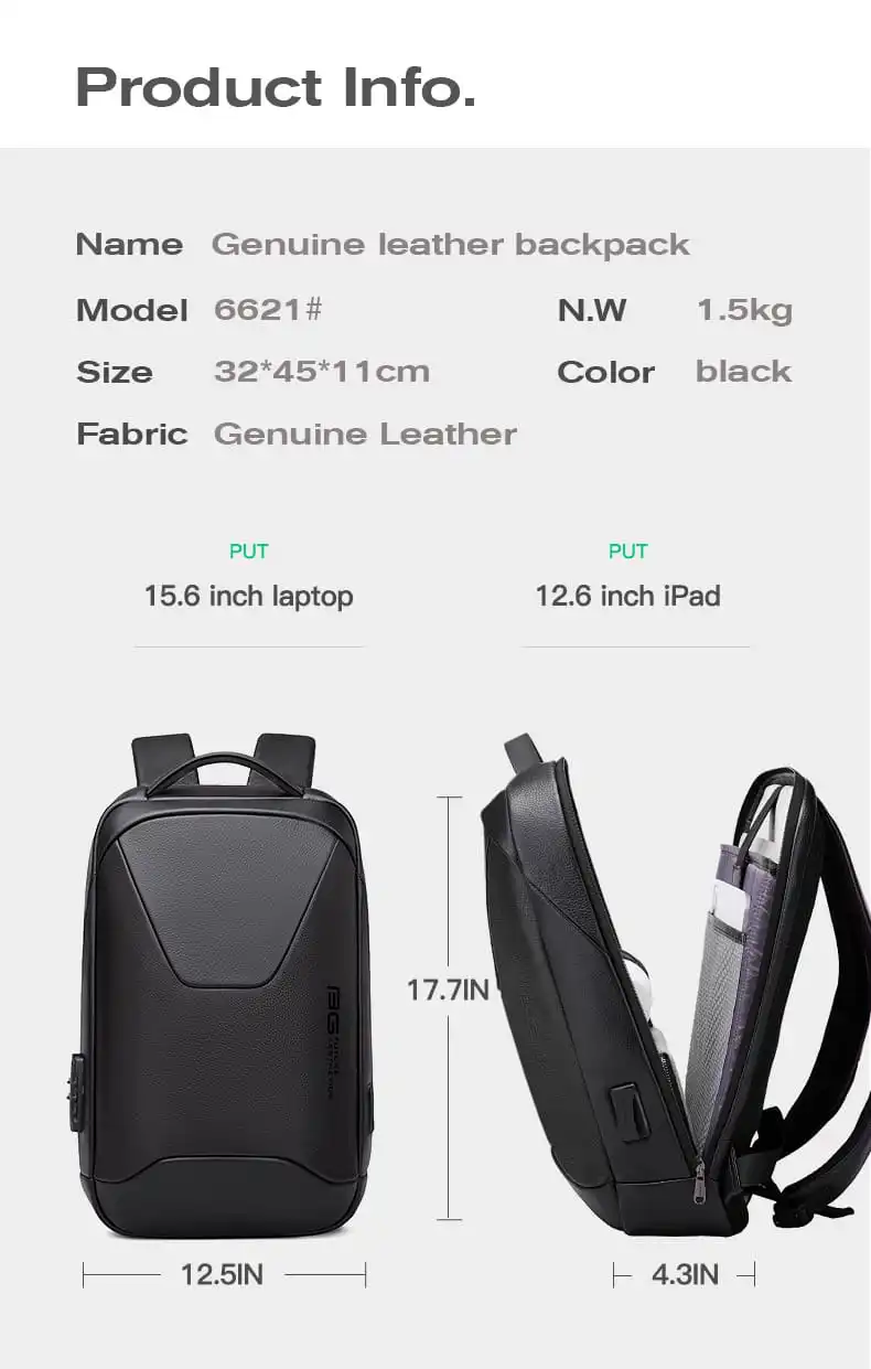 Δερμάτινο Σακίδιο πλάτης 21L Laptop 15,6” Bange 6621 μαύρο