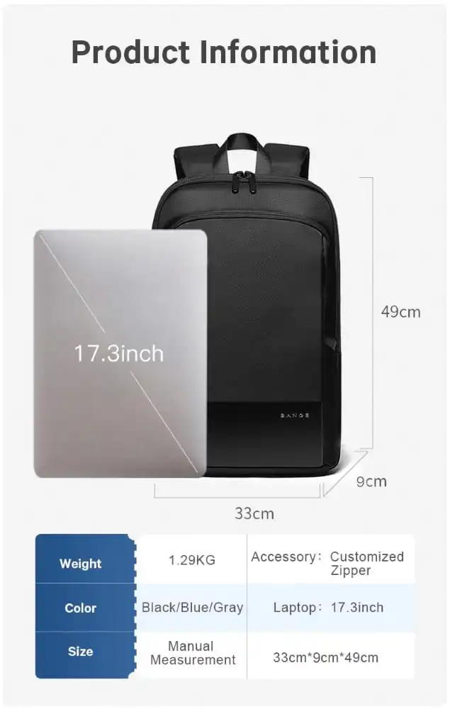 Σακίδιο πλάτης 24L Laptop 17,3” Bange 77115 Plus μαύρο