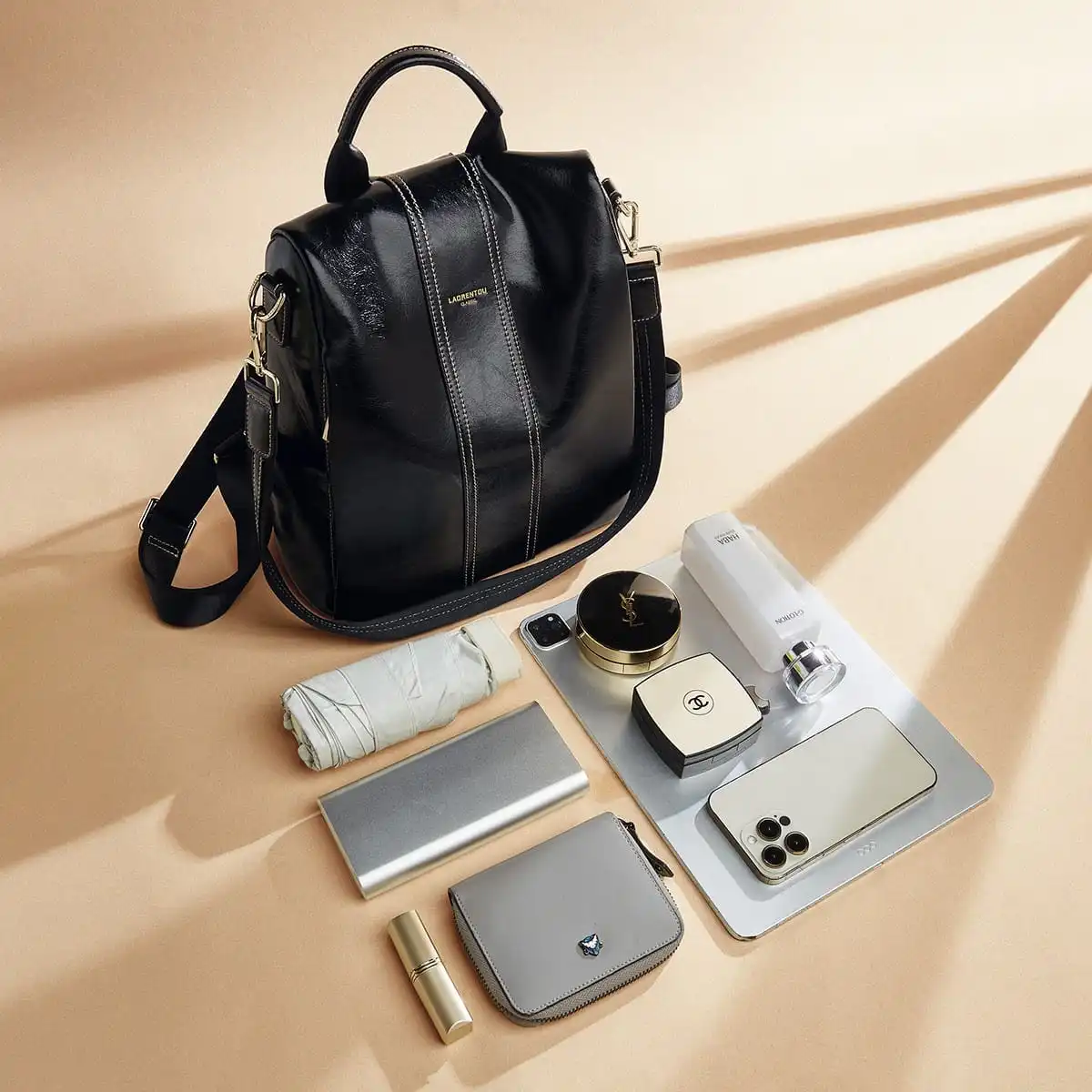 Split leather Γυναικείo Σακίδιο Πλάτης Χιαστί Laorentou 9113046L μαύρο