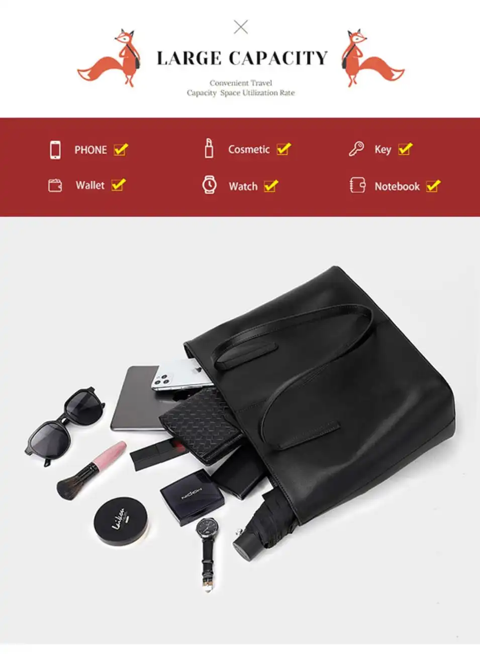 Δερμάτινη Γυναικεία Τσάντα Shopper 'Ωμου Foxer 958V422F μαύρο