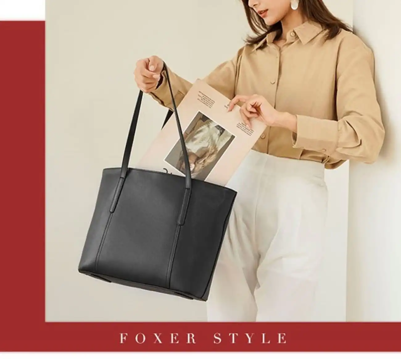 Δερμάτινη Γυναικεία Τσάντα Shopper 'Ωμου Foxer 958V422F μαύρο